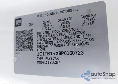 2023 Chevrolet Camaro Rwd 1Lt z USA, uszkodzony, nr VIN 1G1FB1RX8P0160723